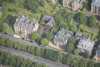Oblique aerial view of Carlston Club, Carlston Club garage and 10 Cleveden Gardens, looking NNW.