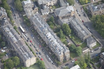 Oblique aerial view of Hyndland Road, Belhaven-Westbourne Church and church hall, looking ENE.