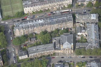 Oblique aerial view of Hyndland Road, Belhaven-Westbourne Church and church hall, looking WNW.