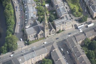 Oblique aerial view of Lansdowne United Presbyterian Church, looking ENE.