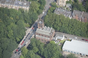 Oblique aerial view of Stevenson Memorial Free Church and Caretaker's House, looking N.