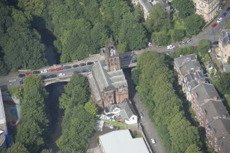 Oblique aerial view of Stevenson Memorial Free Church and Caretaker's House, looking WNW.