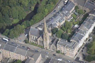 Oblique aerial view of Lansdowne United Presbyterian Church, looking N.