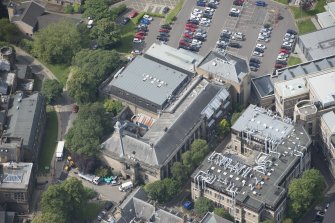 Oblique aerial view of Glasgow University's Zoology Building, looking SW.
