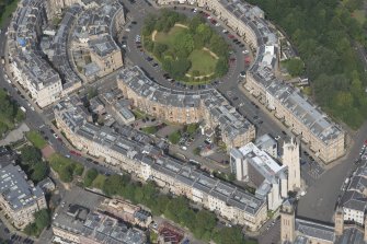 Oblique aerial view of Park Tower Church and Woodlands Terrace, looking N.