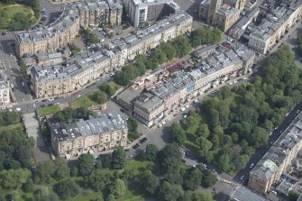 Oblique aerial view of Park Street East, Claremont Terrace, Woodlands Terrace, Park Gardens and Park Gardens Steps, looking NE.