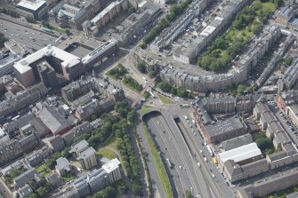 Oblique aerial view of St George's Road, Charing Cross Interchange and Charing Cross Mansions, looking NW.