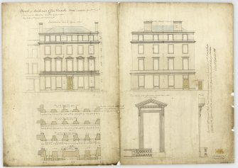 Drawing of front and end elevations towards Reform Street and Cross Street and plans of wall and elevation and profile of window, Bank of Scotland, Dundee