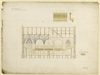 Drawing of section through Middle Church, Dundee; section and elevation of gallery breast and elevation showing panelling of doors and haffels of seating