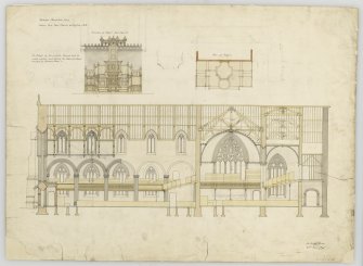 Drawing of section through East Church, Dundee and elevation and plan of pulpit