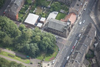 Oblique aerial view of St Andrew's East Church and Church Hall, looking ENE.