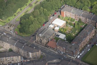 Oblique aerial view of St Andrew's East Church and Church Hall, looking NNW.