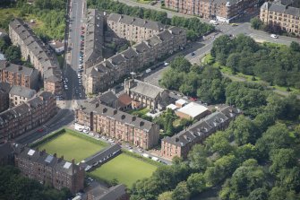 Oblique aerial view of St Andrew's East Church and Church Hall, looking WSW.