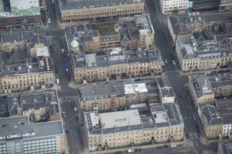 Oblique aerial view of Hellenic House and Blythswood Street, looking NNE.