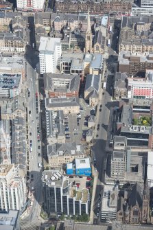 Oblique aerial view of Dalmore House, Holland Street, St Matthew's Blythswood Church and Elmbank Street, looking N.