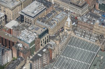Oblique aerial view of Central Station Hotel and Atlantic Chambers, looking NNW.