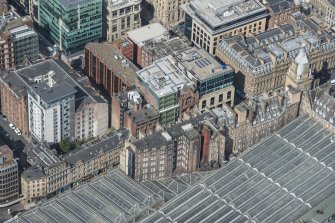 Oblique aerial view of Central Station Hotel, looking NW.