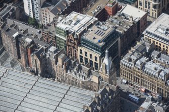 Oblique aerial view of Central Station Hotel, looking SW.
