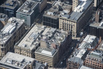 Oblique aerial view of Waterloo Street and Bothwell Street, looking W.