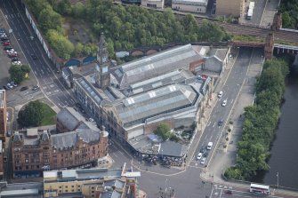 Oblique aerial view of Bridgegate fish market, looking SE.