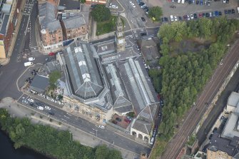 Oblique aerial view of Bridgegate fish market, looking N.