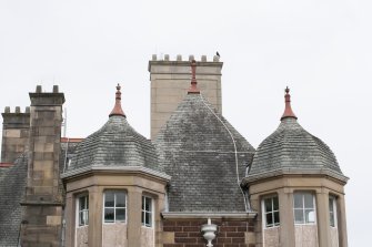 Details of finials and chimney stack on the south elevation.