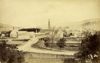 General view  of Peebles showing church and road bridge