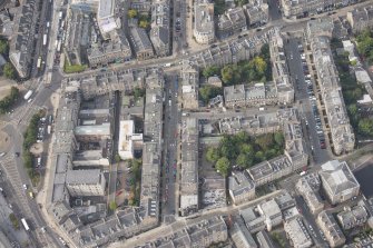 Oblique aerial view of Broughton Place, Hart Street, Uniion Street, Broughton Street, St Paul's Episcopal Church and Broughton Place Church, looking WSW.