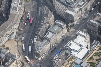 Oblique aerial view of Leith Street and Waterloo Place, looking NNE.