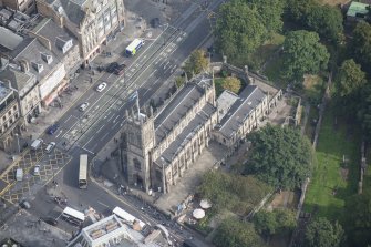 Oblique aerial view of St John's Episcopal Church and Churchyard, looking NE.