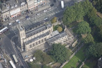 Oblique aerial view of St John's Episcopal Church and Churchyard, looking NNE.