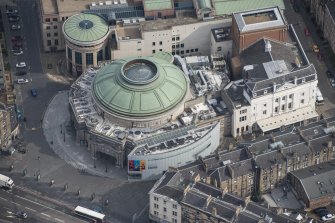 Oblique aerial view of the Usher Hall and Royal Lyceum Theatre, looking NE.