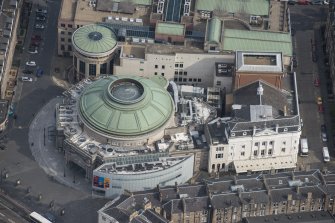 Oblique aerial view of the Usher Hall and Royal Lyceum Theatre, looking NNE.