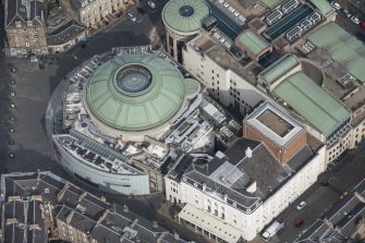 Oblique aerial view of the Usher Hall and Royal Lyceum Theatre, looking N.