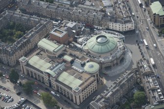Oblique aerial view of the Usher Hall and Royal Lyceum Theatre, looking S.