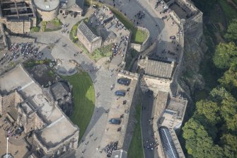 Oblique aerial view of Edinburgh Castle centred on the Forewall Battery, looking NW.