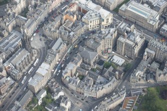 Oblique aerial view of Bank Street, Victoria Street and West Bow, looking NW.