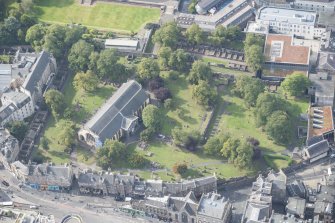 Oblique aerial view of Greyfriars Church and Churchyard, looking SW.