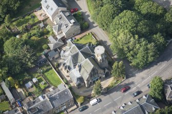 Oblique aerial view of Penicuik Free Church, looking WNW.