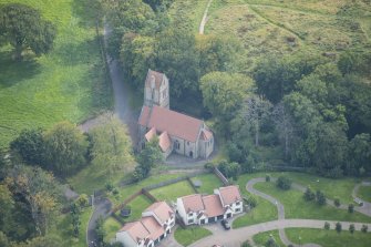 Oblique aerial view of Glencorse Parish Church, looking ESE.