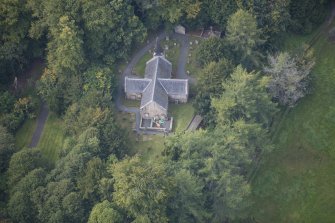 Oblique aerial view of Glencorse Old Parish Church, looking W.