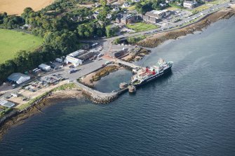 Oblique aerial view of Brodick Pier, looking SW.