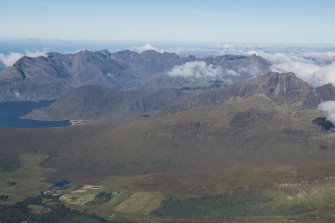 General oblique aerial view of the Cullin Hills with Kirkibost and Blabheinn in the foreground, looking WNW.