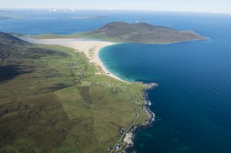 General oblique aerial view of Traigh Scarasta with Chaipaval beyond, looking W.
