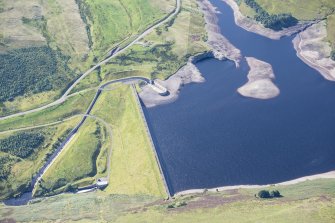 Oblique aerial view of Upper Glendevon Reservoir and dam, looking SSW.