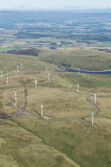General oblique aerial view centred on Burnfoot Hill Windfarm with Upper Glendevon Reservoir beyond, looking N.