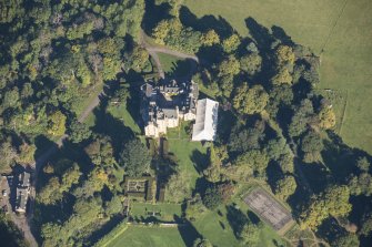 Oblique aerial view of Innes House, looking N.