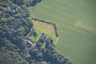 Oblique aerial view of Spynie Palace, looking NE.
