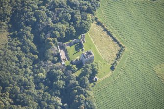 Oblique aerial view of Spynie Palace, looking E.