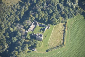 Oblique aerial view of Spynie Palace, looking ENE.
